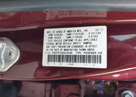 2012 Honda Accord 2.4 Lx from USA, damaged, VIN 1HGCP2F39CA238368